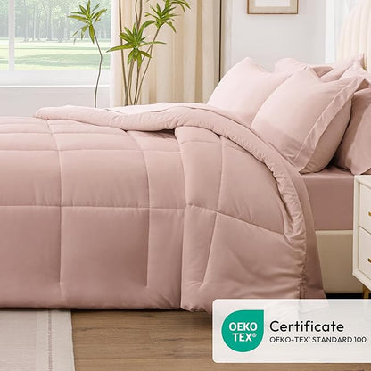 Love's cabin California King Comforter Set Blush Pink, 7 Pieces California King Bed in a Bag, All Season Bedding Sets with 1 Comforter, 1 Flat Sheet, 1 Fitted Sheet, 2 Pillowcase and 2 Pillow Sham