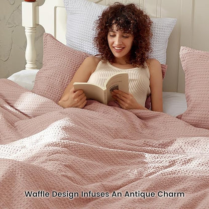 PHF Soft Waffle Comforter Set King Size- Comfy Breathable Waffle Weave Comforter with 2 Pillow Shams, 3 Pieces Less Snagging Lightweight Textured Bedding Set for All Season, Rose Pink