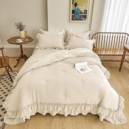 AIKASY Camel Ruffle Comforter Set King, 3 Pieces Vintage Ruffle Fringe Comforter, Farmhouse Rustic Microfiber Down Alternative Bedding (1 Comforter + 2 Pillow Shams)