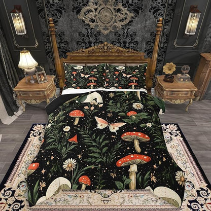 Erosebridal Red Mushroom Bedding Set Queen for Kids, Gothic Moth Comforter Set Butterfly Vintage Plants Boho Floral Comforter for Boys Girls Teens Women Men, Moon and Starry Star Black Quilt