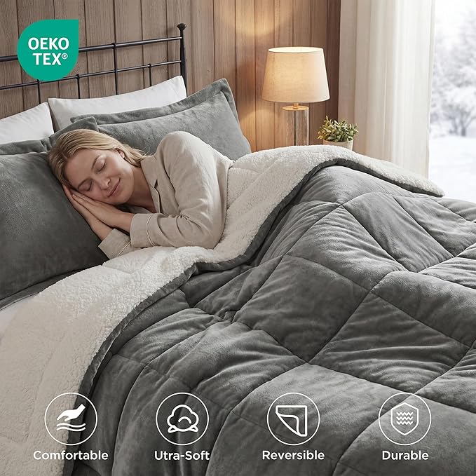 Woolrich Reversible Comforter Set Ultra Soft Plush to Sherpa, Down Alternative, Cold Weather Winter Warm Bedding, with Matching Sham, Decorative Pillow Charcoal/Ivory King 4 Piece