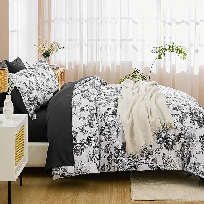 DJY Black Comforter Set King, 7 Pieces Black and White Botanical Comforters King Size Elegant Plants Print with Sheets Bed in a Bag Soft Microfiber Reversible Complete Bedding Sets for All Season