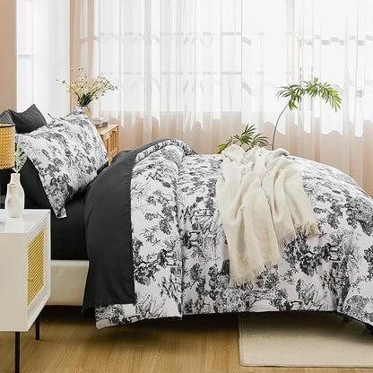 DJY Black Comforter Set King, 7 Pieces Black and White Botanical Comforters King Size Elegant Plants Print with Sheets Bed in a Bag Soft Microfiber Reversible Complete Bedding Sets for All Season