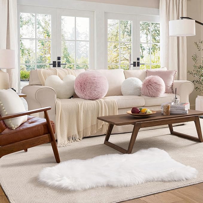 Ashler Plush Round Pillows, Ball Throw Pillow with Handle, Faux Fox Fur Luxury Soft Decorative Cushion, Modern Home Decor Fluffy Round Pillow for Sofa, Bed, Chair, Light Pink, 9 x 9 inch
