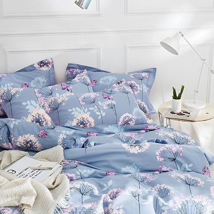 MKXI Purple Floral Comforter Set Dandelion Print Comforter Queen Set Cozy Patterned Comforter Reversible Flowers Bedding Set Queen Size