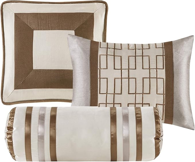 Madison Park Cozy Comforter Set-Deluxe Hotel Collection, All Season Down Alternative Luxury Bedding with Matching Shams, Decorative Pillows, King (104"x92"), Genevieve, Taupe/Brown 7 Piece