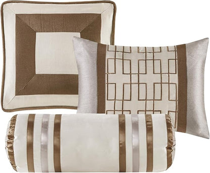Madison Park Cozy Comforter Set-Deluxe Hotel Collection, All Season Down Alternative Luxury Bedding with Matching Shams, Decorative Pillows, King (104"x92"), Genevieve, Taupe/Brown 7 Piece