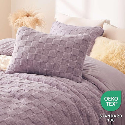 CozyLux Fleece King Comforter Set Light Purple,Super Soft & Warm Fluffy Bedding with Checkered Pattern,Luxury Fuzzy Heavy Bed Set for Winter,3 Pieces,1 Comforter and 2 Pillowcases
