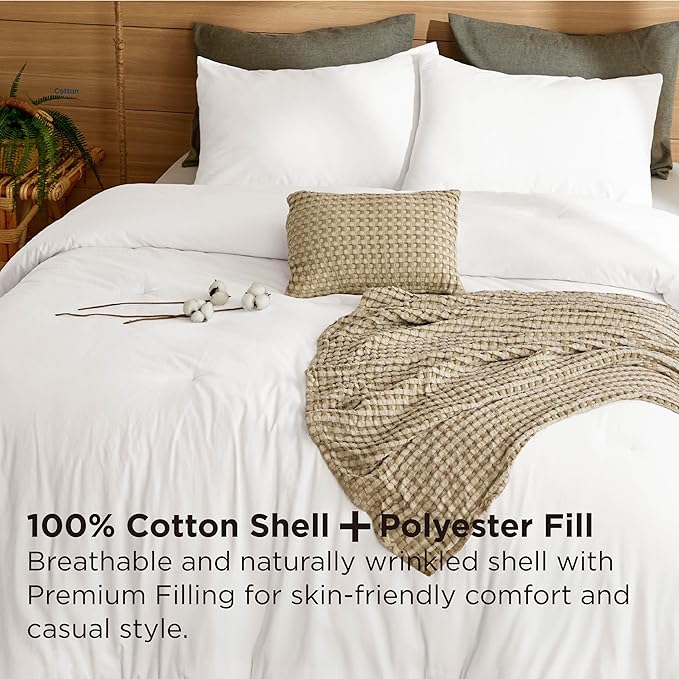 Bedsure 5 Pieces Cotton Comforter Set with Cotton Waffle Throw Blanket - White Comforter Full Size, Pillow Shams, Taupe Cooling Blanket of Rayon Derived from Bamboo for Hot Sleepers, Throw Pillow