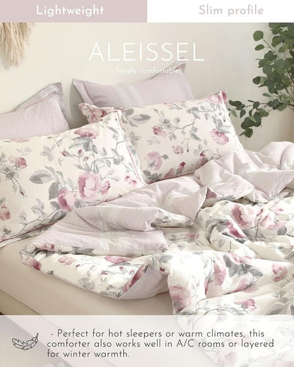 Vintage Cotton 3pcs Floral Comforter Sets King Size - Dusty Rose & Soft Gray Foliage on White, Blush French Striped Patchwork Reverse, Neutural Lightweight Bedding Sets(King 104"×90")