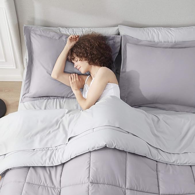 Nestl 7 Piece Queen Comforter Set – Grey Lavender Reversible Bed in a Bag – Complete Queen Size Bedding Set with Sheets, Pillowcases and Shams