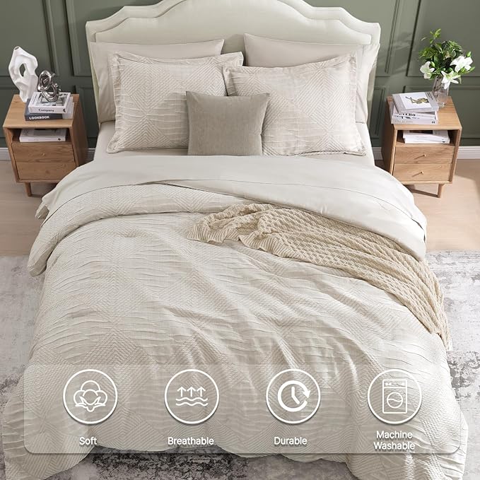 MaiRêve King Comforter Set Beige, Crinkle Textured Design Boho Bedding Set 7 Pieces Bed in A Bag, All Season Geometric Comforter Set with Sheets, Pillowcases & Shams