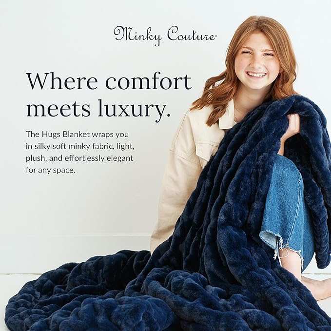 Minky Couture Hugs Blanket - Extra Plush Blanket for Premium Gifting - Stretchy Bubbled Cozy Throw - Silky Smooth - Durable & Machine-Washable - Travel-Friendly - Travel, Navy