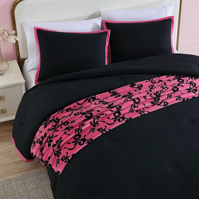 Betsey Johnson - King Comforter Set, Super Soft Bedding with Matching Shams, Bonus Throw Included, Chic Bedding Essentials (Signature Hotel Solid Black, King)