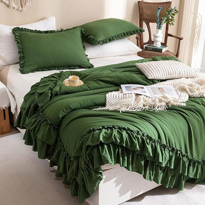 Masaca Olive Green Ruffled Comforter King Size,Farmhouse Shabby Boho Chic King Bed Comforters Vintage Rustic Bedding Ultra Soft 3PCS (1 Ruffle Comforter and 2 Pillowcases)