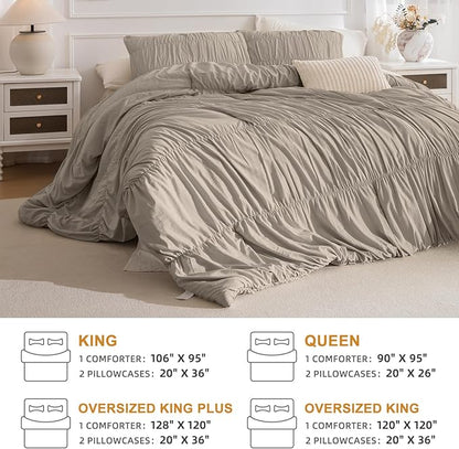 Masaca Oversized King Comforter 128x120,Linen Like Textured Ruched Shabby Boho Chic Bedding Comforter Set,3Pcs Extra Large King Size Ruffle Luxury Fluffy Bedroom Comforter Sets Lightweight