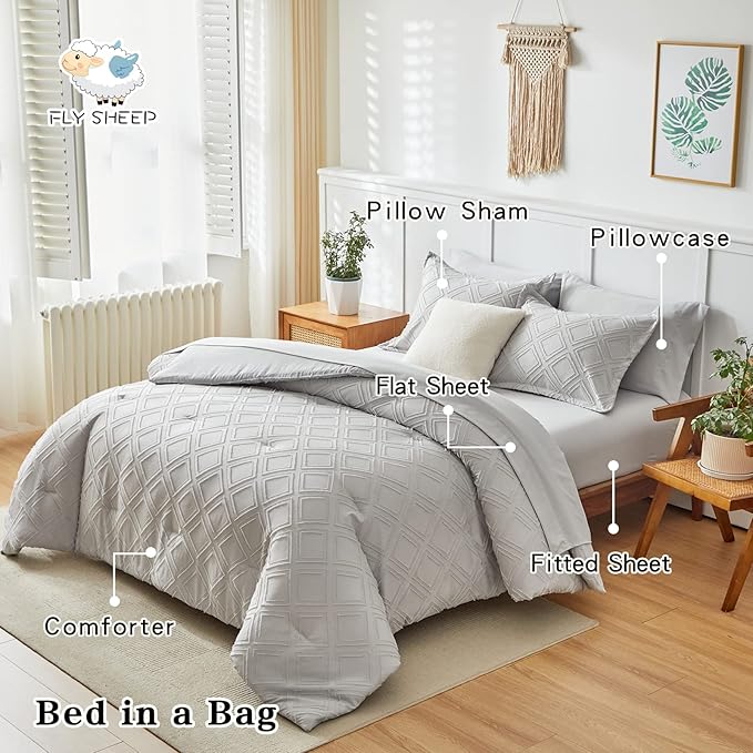 6 Pieces Tufted Bed in a Bag Twin Comforter Set with Sheets Light Grey, Soft and Embroidery Shabby Chic Boho Bohemian Design, Solid Color with Diamond Pattern, Jacquard Tufts Bedding Set for Kids