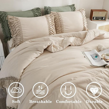 Andency Beige Comforter Set California King, 3 Pieces Boho Tassel Lightweight Soft Bedding Comforter Sets for King Bed, All Season Fluffy Fringe Bed Set (104x96In Comforter & 2 Pillowcases)