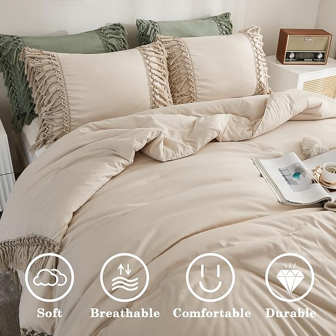 Andency Comforter Queen Size Set Beige, 3 Pieces Tassel Boho Lightweight Winter Bedding Comforters & Sets, All Season Bed Set (90x90In Comforter & 2 Pillowcases)