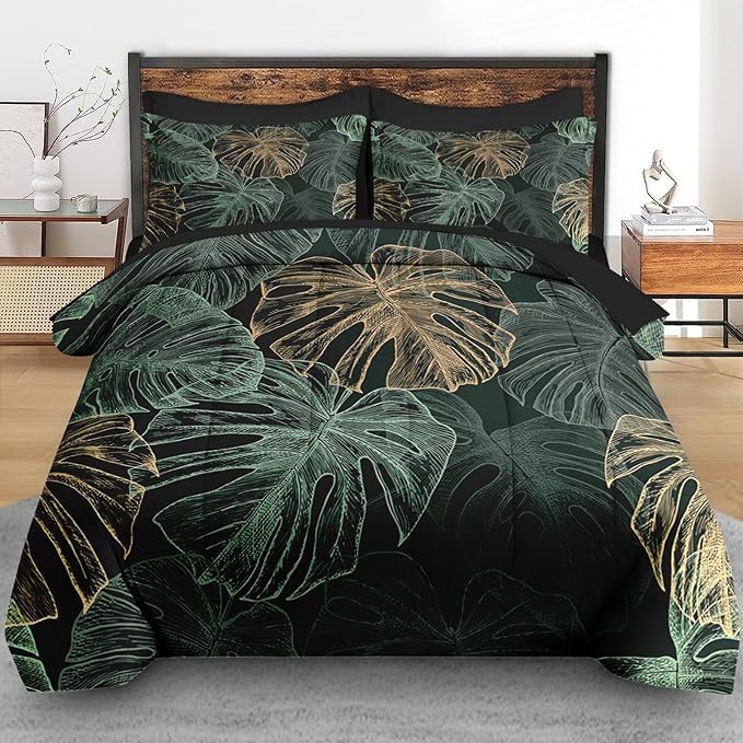 Comforter Set Full Size, Green Golden Tropical 7 Pcs Bedding for Kids and Adults, Leaves Monstera Palm Leaf Bed Sheet Sets with Fitted Sheet 2 Pillowcases & 2 Shams for Bedroom Bed Decor