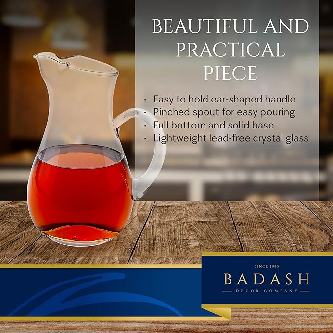 Badash Zeus Crystal Glass Pitcher with Classic Handle and Pinched Spout - 36 oz, 10" Tall