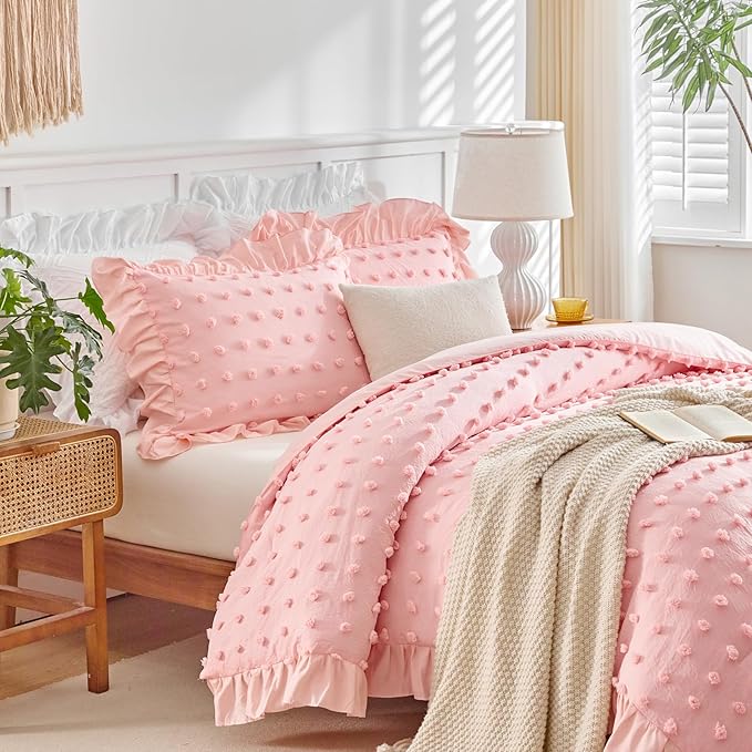 Tufted Dots Ruffle Comforter Set Full/Queen Size, 3 Pieces Pink Vintage Farmhouse Shabby Chic Comforters, Jacquard Boho Bohemian Bedding Set for All Season (1 Ruffled Comforter+ 2 Pillow Shams)