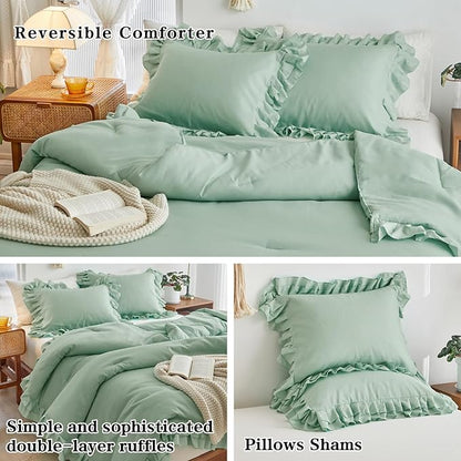 Green Ruffled Comforter Set Twin Size, 3 Pieces (1 Ruffled Comforter and 2 Pillowcases) Farmhouse Shabby Chic Style with 2 Layers Ruffle, Solid Color Lightweight Soft Fluffy Bedding Sets for Kids
