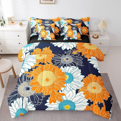 Feelyou Flower Comforter Set Queen Size 7 Pieces Daisy Bedding Set for All Season Botanical Floral Print Rustic Farmhouse Country Bed in a Bag with Comforter, Sheets, Pillowcases & Cushion Cover