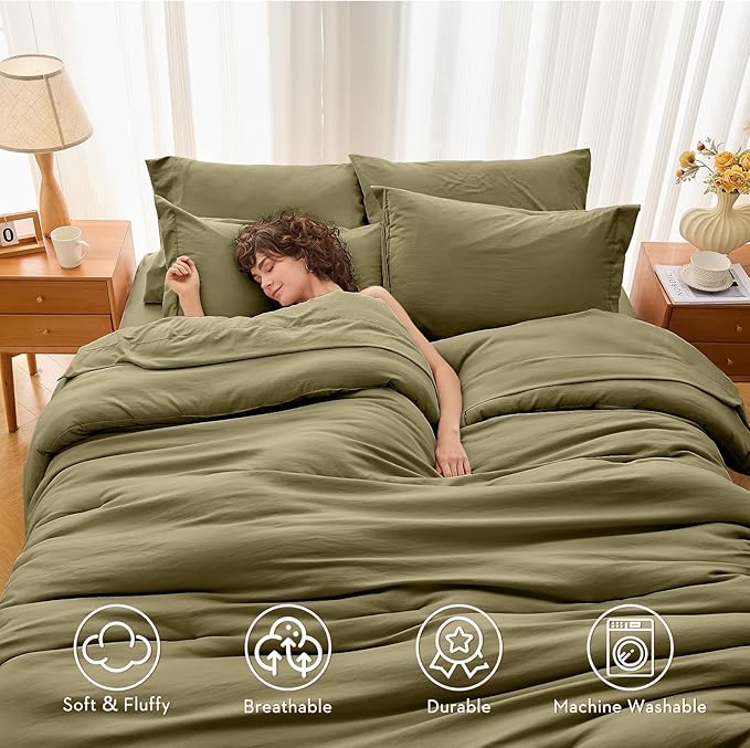 MUXHOMO 5 Pieces Twin XL Comforter Set, Soft Bed in a Bag Twin XL Size, All Season Bedding Set with Comforter, Flat Sheet, Fitted Sheet, Pillowcases & Shams, Olive Green