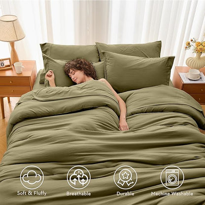 MUXHOMO 5 Pieces Twin Comforter Set, Soft Bed in a Bag Twin Size, All Season Bedding Set with Comforter, Flat Sheet, Fitted Sheet, Pillowcases & Shams, Olive Green