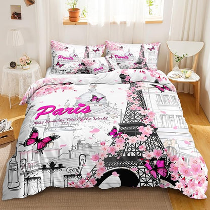 Paris Bedroom Comforter Full Pink France Bedding Comforter Full Size Bed in a Bag with Pink Sheet Set Cherry Blossom Butterfly Quilt Women Teens Girls Full Bed Set