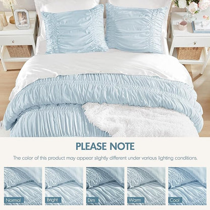 Intelligent Design Ruched Shabby Chic Comforters for King Size Bed, All Season Lightweight Comforter King, French Country Bedding Set, Sham, Ella, King/Cal King, Blue, 3 Piece