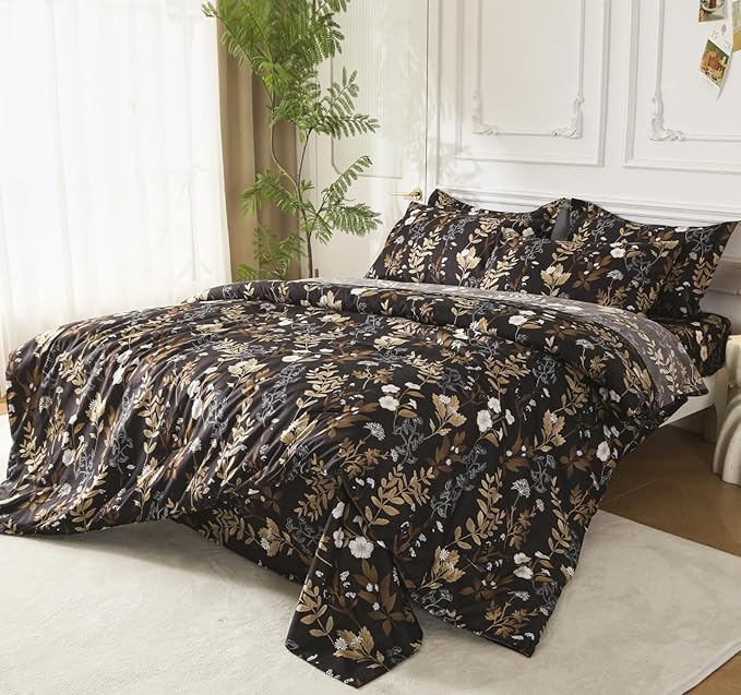 SDY 7PCS Dark Floral Comforter and Sheet Set Full Size, Black Flower Bedding Set for Girl/Women Gift Includes 1*Comforter,1* Flat Sheet, 1*Fitted Sheet,2*Pillowcases and 2*PillowcaseShams