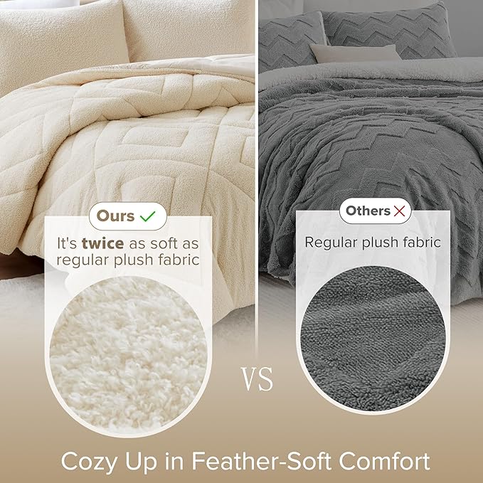 Comfort Spaces Queen Comforter Set Reversible Feather-Soft Plush Comforters for Queen Size Bed All Season Lightweight Shearling Fleece Sherpa Comforter Queen Size Bed Set, Full/Queen, Ivory 3 Piece