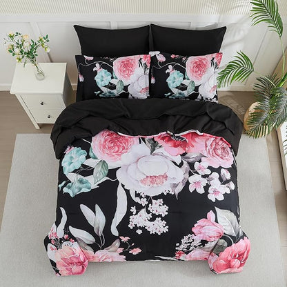 Yogeneg Queen Comforter Set 7 Piece Bed in a Bag,Pink Floral Botanical Pattern Black Bedding Set,Soft Microfiber Comforter with Sheet Set,All Season Bed Set(Pink,Queen)
