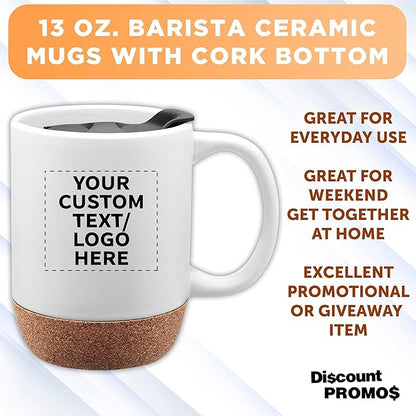 Custom Barista Ceramic Mugs with Cork Bottom 13 oz Set of 12/36/72 Personalized Bulk Pack Perfect for Coffee Tea Espresso Hot Cocoa Other Beverages - White