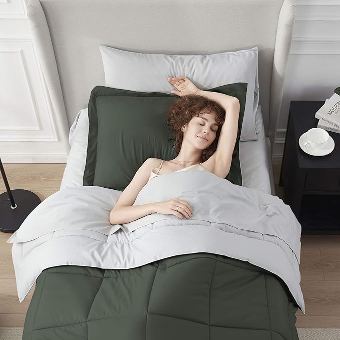 Nestl 5 Piece Twin XL Comforter Set – Olive Green Reversible Bed in a Bag – Complete Twin XL Size Bedding Set with Sheets, Pillowcase and Sham