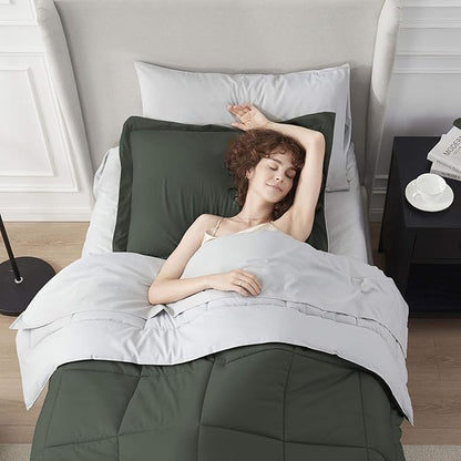 Nestl 5 Piece Twin Comforter Set – Olive Green Reversible Bed in a Bag – Complete Twin Size Bedding Set with Sheets, Pillowcase and Sham