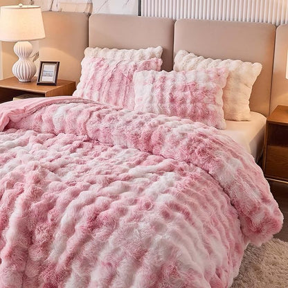 Twin Faux Rabbit Fur Comforter Set - 3 Pieces Fluffy Bedding Set Ultra Soft Warm Shaggy Plush Winter Flannel Bedding Set for Girls Women, Skin Friendly Sherpa Comforter Bed Set & 2 Pillow Shams Pink
