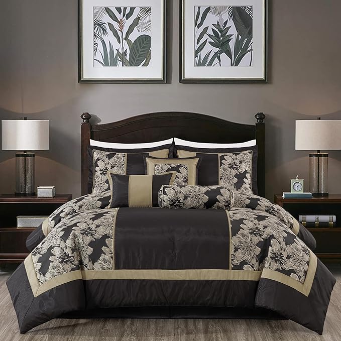 Chezmoi Collection Cameron Comforter Set California King Size, 7-Piece Black Gold Hibiscus Floral Jacquard Bedding Set