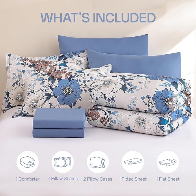 Xruibed Blue Floral Comforter Set King Size 7 Pieces Bed in a Bag Flower Comforter Set with Sheet, Pillowcases, Pillowshams, Soft Microfiber Bedding Set for All Season (King 104''x90'')