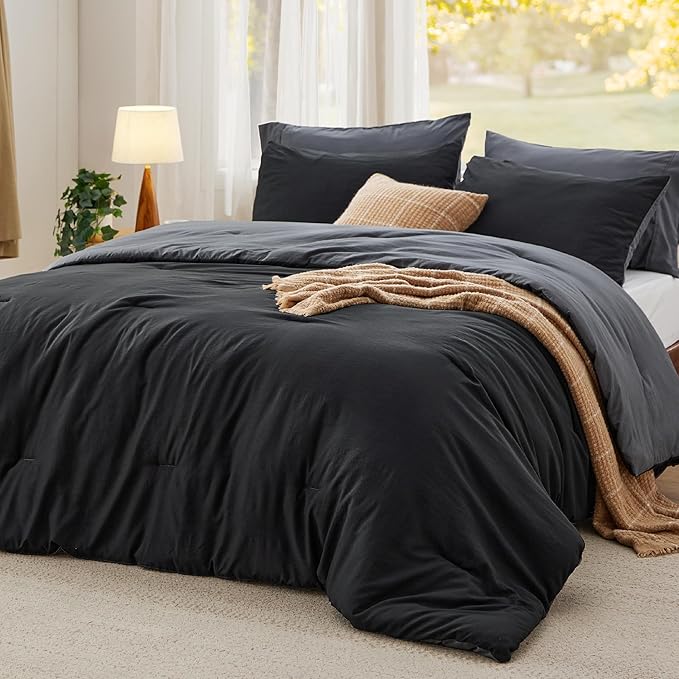 Bedsure King Comforter Set, Black Grey Soft Prewashed Bedding for All Seasons, 3 Pieces GentleSoft™ Bed Set, 1 Lightweight Comforter (104"x90") and 2 Pillowcases (20"x36")