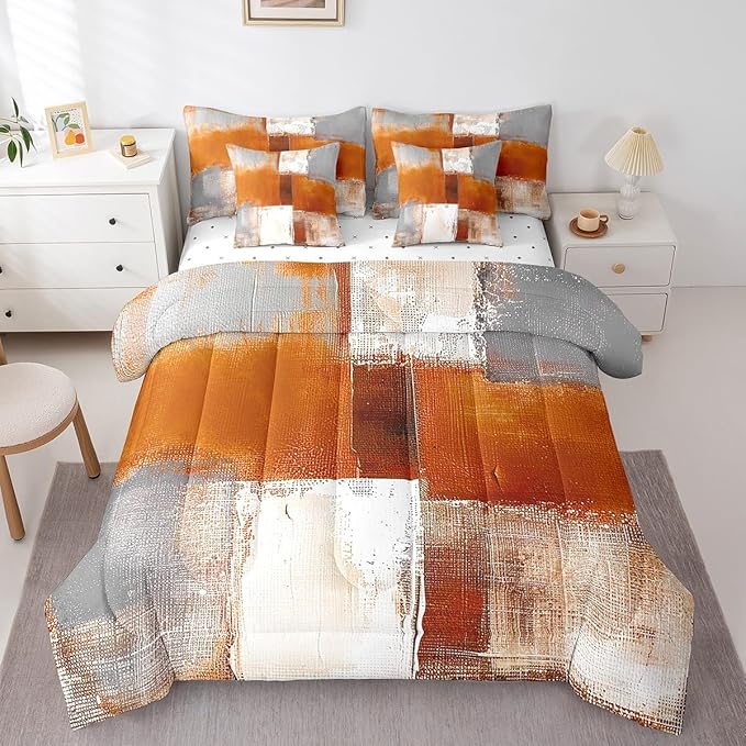 Erosebridal Orange White Gray Bedding Twin Size 7-Piece Oil Painting Comforter Set, Ombre Gradient Bed in a Bag with Flat Sheet and Fitted Sheet Graffiti Abstract Bedding Comforter Sets