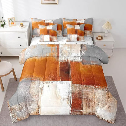 Erosebridal Orange White Gray Bedding Twin Size 7-Piece Oil Painting Comforter Set, Ombre Gradient Bed in a Bag with Flat Sheet and Fitted Sheet Graffiti Abstract Bedding Comforter Sets