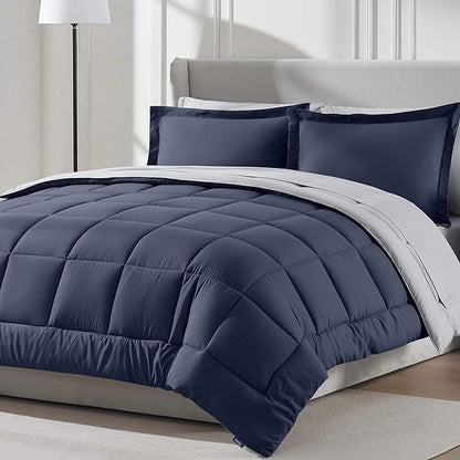 Nestl 7 Piece Full Comforter Set – Navy Reversible Bed in a Bag – Complete Full Size Bedding Set with Sheets, Pillowcases and Shams