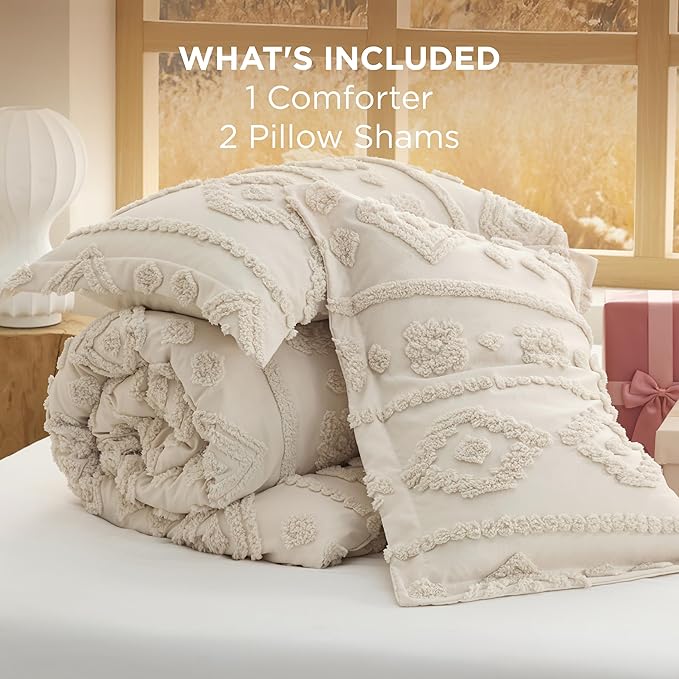 Bedsure Boho Tufted Beige Comforter King Size, GentleSoft™ 3 Pieces Boho Farmhouse Decor Bedding, Exquisite Shabby Chic Bedding for All Seasons, 1 Bed Comforter, 2 Pillow Shams, 104x90 Inches