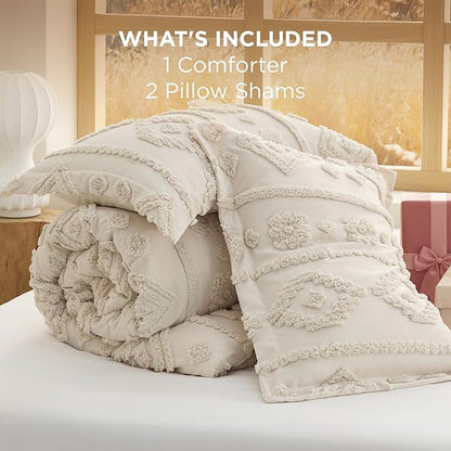 Bedsure Boho Tufted Beige Comforter King Size, GentleSoft™ 3 Pieces Boho Farmhouse Decor Bedding, Exquisite Shabby Chic Bedding for All Seasons, 1 Bed Comforter, 2 Pillow Shams, 104x90 Inches
