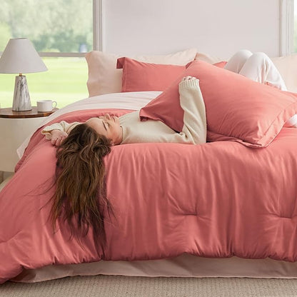 Bedsure King Size Comforter Set - 7 Pieces Coral King Bedding Set for All Seasons, Boho Contrasting Design Bed in a Bag with Comforter, Sheets, Pillowcases & Shams