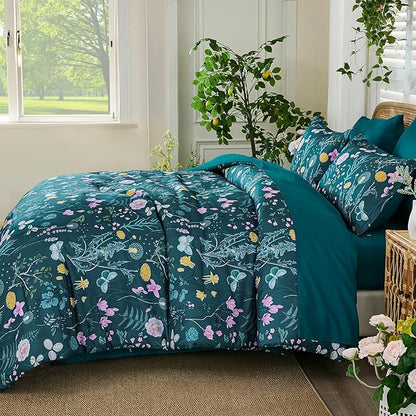 Yiran Teal Blue Comforter Set Queen Size, 7 Piece Floral Botanical Comforter Bedding Set, Farmhouse Bed in a Bag, Soft Microfiber Complete Bedding Set with Sheets for All Season