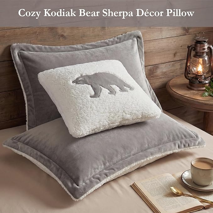 Woolrich Reversible Comforter Set Ultra Soft Plush to Sherpa, Down Alternative, Cold Weather Winter Warm Bedding, with Matching Sham, Decorative Pillow Grey/Ivory King 3 Piece